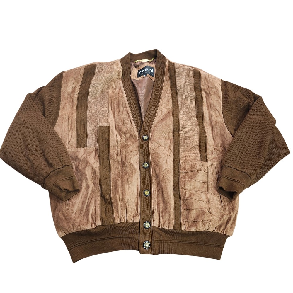 Maxini Collezione Mens Brown Suede Leather Knit Cardigan Jacket Vintage L 16636